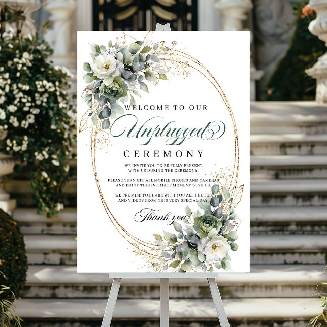 Affiche Vert Or Aquarelle Cérémonie de Mariage Unplugged   (Green Gold Watercolor Unplugged Ceremony Wedding Poster)