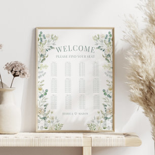 Affiche Vert Rose blanche Fleurs Mariage Seating Chart