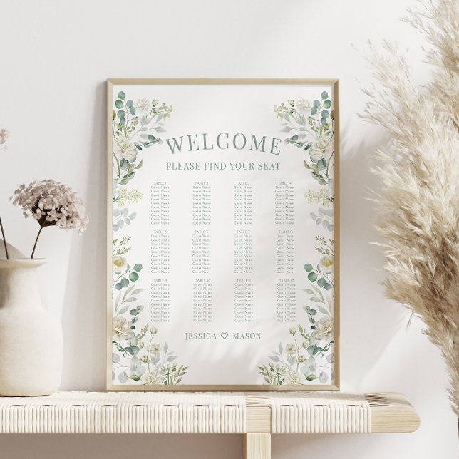 Affiche Vert Rose blanche Fleurs Mariage Seating Chart (Créateur téléchargé)