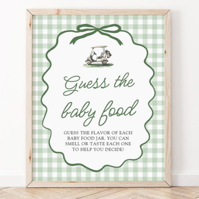 Affiche Vert Sauge Gingham Golf Devine la Nourriture pour  (Sage Green Gingham Golf Guess the Baby Food Game Sign)