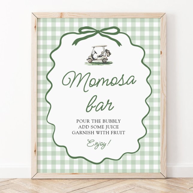 Affiche Vert sauge Gingham Golf Maman Bar Baby Shower (Sage Green Gingham Golf Momosa Bar Baby Shower SIgn)