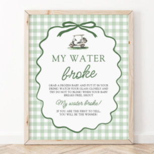 Affiche Vert Sauge Gingham Golf Mon Eau Est Cassée Baby Sh