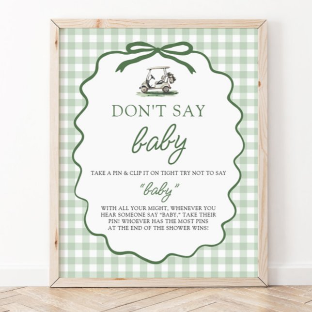 Affiche Vert Sauge Gingham Golf Ne Dis Pas Bébé Bébé Showe (Sage Green Gingham Golf Don't Say Baby Baby Shower Sign)