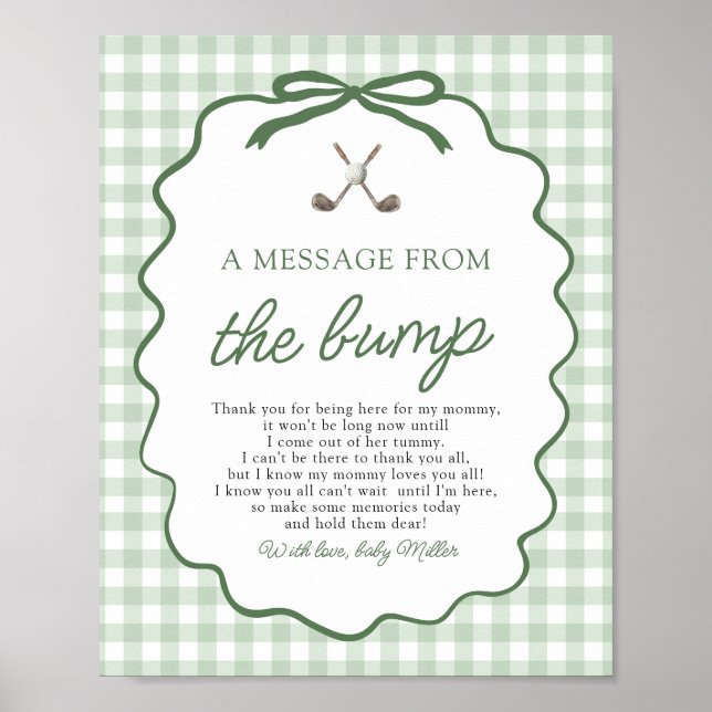 Affiche Vert sauge Gingham Golf Un message du bébé (Devant)