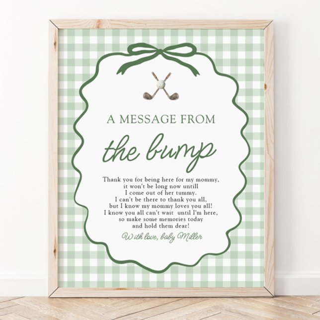 Affiche Vert sauge Gingham Golf Un message du bébé (Sage Green Gingham Golf A Message from the Bump Sign)