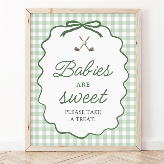 Affiche Vert sauge Gingham Nœud Bébés de golf sont un sign (Sage Green Gingham Bow Golf Babies are Sweet Sign)