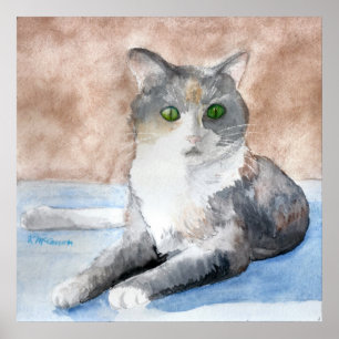 Affiche Vert Tortoiseshell Gris Blanc Chat Aquarelle