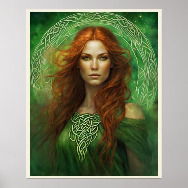Affiche Vert Yeux Rouge Cheveux Celtique Portrait de noeud (Devant)