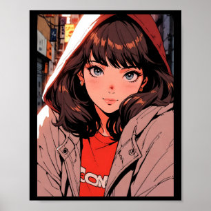 Affiche Veste à capuche anime rétro fille nuit lumières de