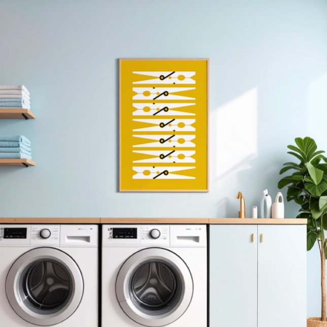 Affiche Vêtements Graphiques Jaunes Pins Salle de lavage A (retro mustard yellow and white modern graphic clothes pins art for a fun laundry room)