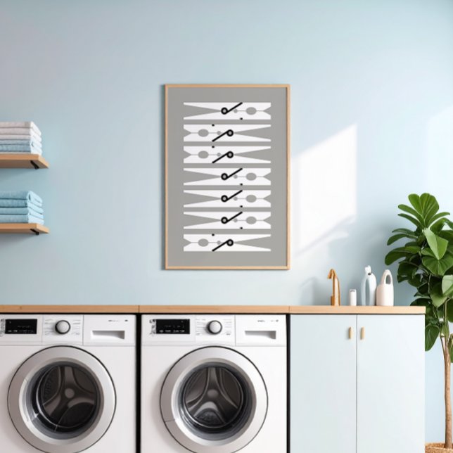Affiche Vêtements Pins noir blanc et gris Lave-linge Art (medium gray and white modern graphic clothes pins art for a fun laundry room)