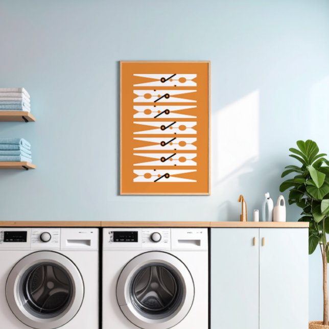 Affiche Vêtements Pins Noir Blanc et Orange Laverie Salle (retro rust orange and white modern graphic clothes pins art for a fun laundry room)