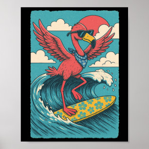 Affiche Vibes d'été flamant rose surfant sur la plage vaca