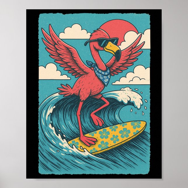 Affiche Vibes d'été flamant rose surfant sur la plage vaca (Devant)