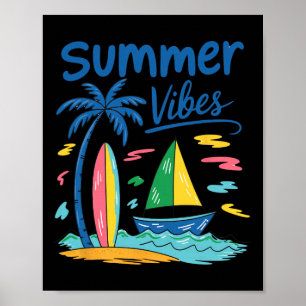 Affiche Vibes d'été Palmier Planche de surf Voilier
