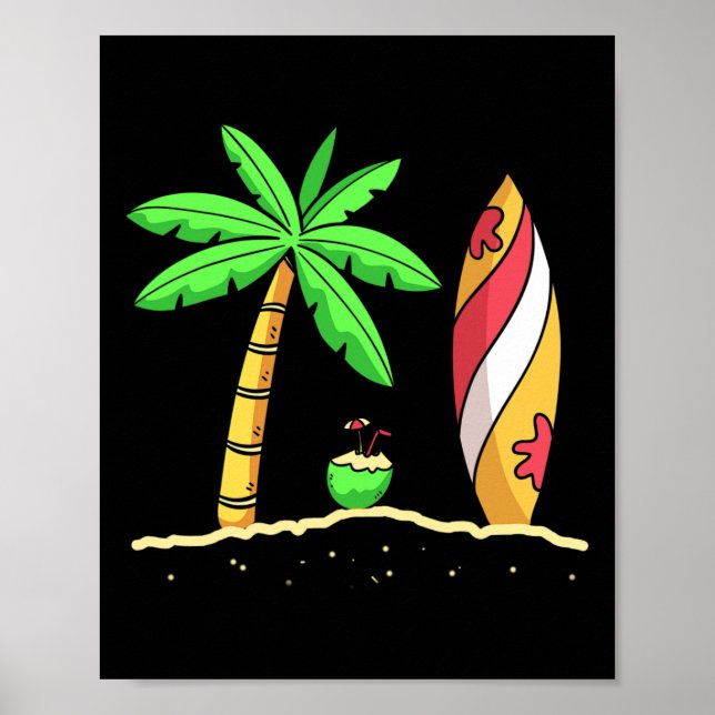 Affiche Vibes d'été Palmiers Planche de surf Surfeur Noix  (Devant)
