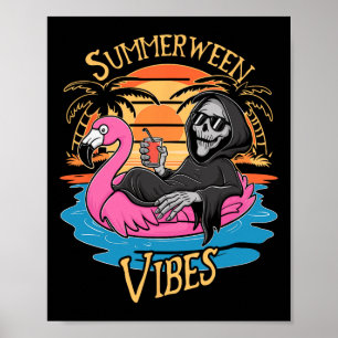 Affiche Vibes Skeleton Flamant rose Halloween Éffrayant ét