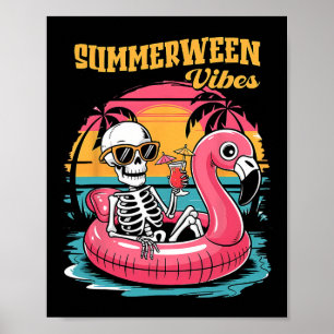 Affiche Vibes Summerween squelette flamant rose Halloween 