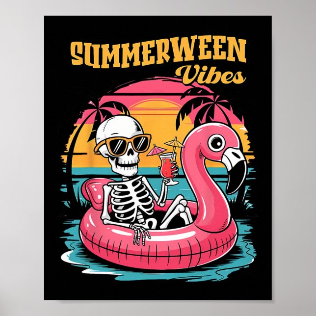 Affiche Vibes Summerween squelette flamant rose Halloween  (Devant)