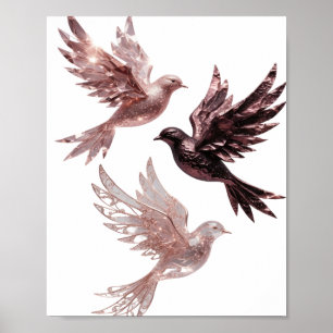 Affiche Vibrant Argent ROSE GOLD OISEAUX Art de texte 3D