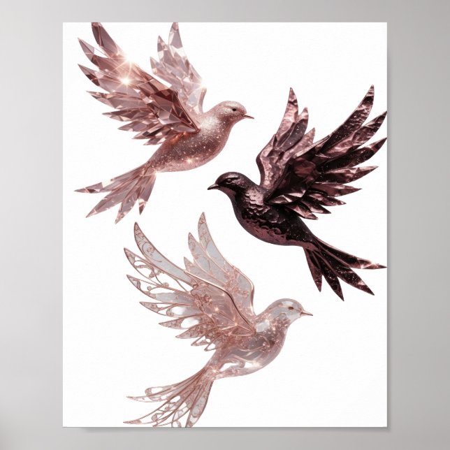 Affiche Vibrant Argent ROSE GOLD OISEAUX Art de texte 3D (Devant)