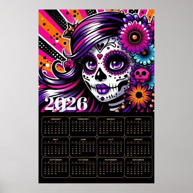 Affiche Vibrant Día de los Muertos Art de Crâne de Sucre  (Devant)
