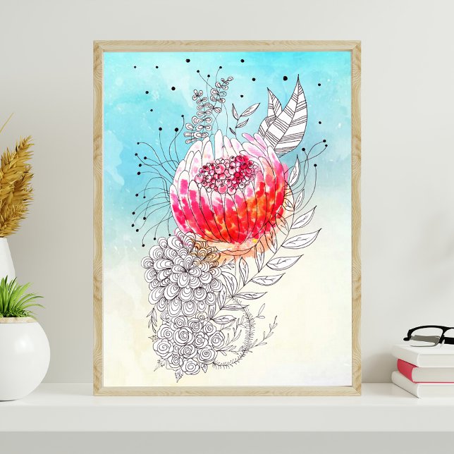 Affiche Vibrant Floral Artisan Aquarelle Doodle Art (Créateur téléchargé)
