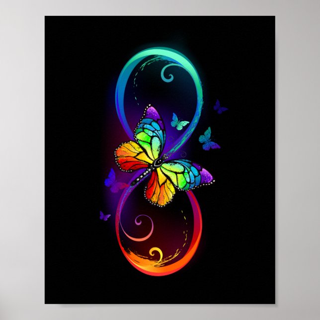 Affiche Vibrant infinity with rainbow butterfly on black (Devant)