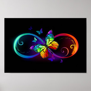 Affiche Vibrant infinity with rainbow butterfly on black