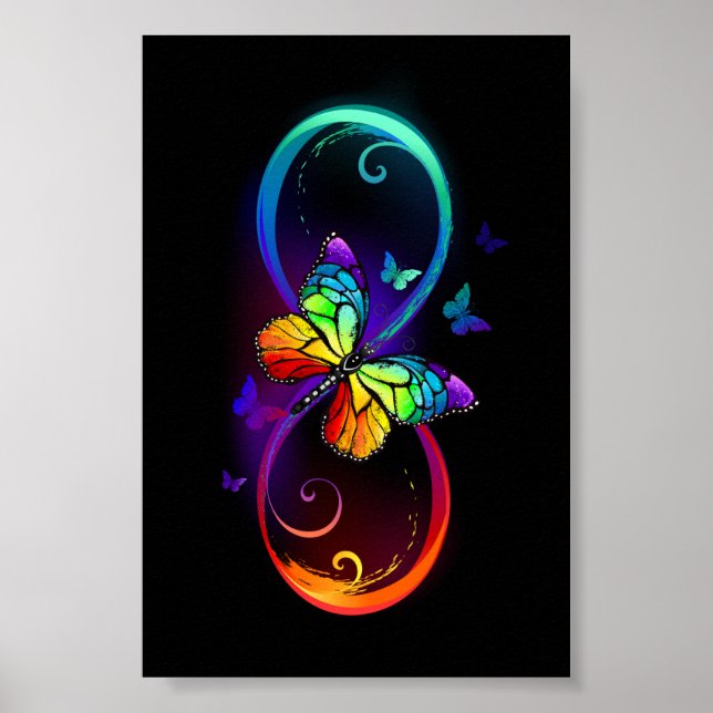 Affiche Vibrant infinity with rainbow butterfly on black (Devant)
