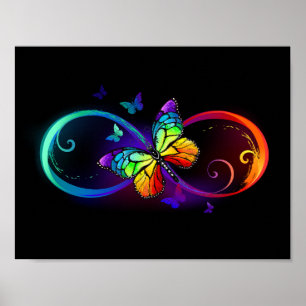 Affiche Vibrant infinity with rainbow butterfly on black