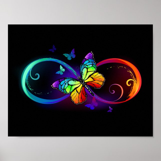Affiche Vibrant infinity with rainbow butterfly on black (Devant)