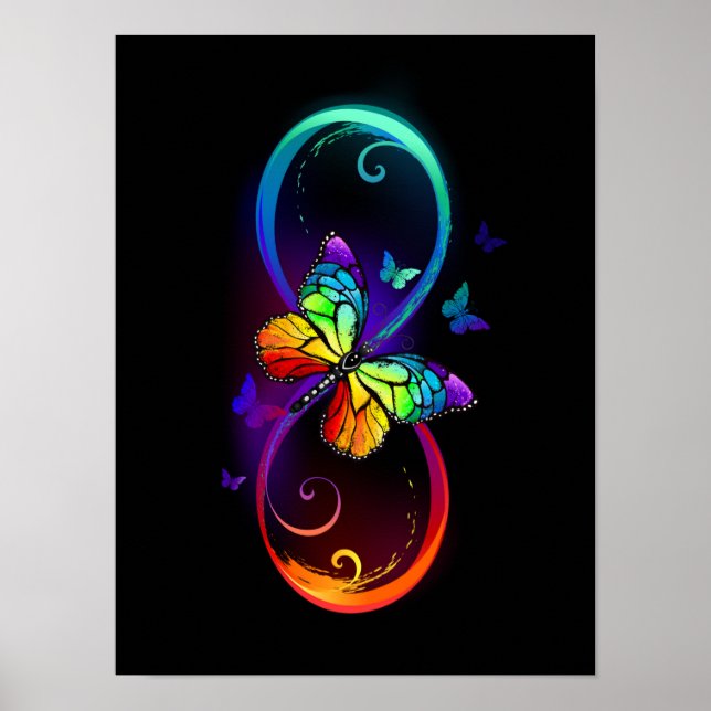 Affiche Vibrant infinity with rainbow butterfly on black (Devant)