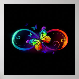 Affiche Vibrant infinity with rainbow butterfly on black