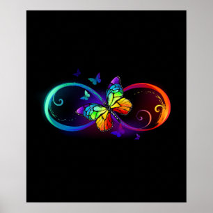 Affiche Vibrant infinity with rainbow butterfly on black