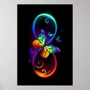 Affiche Vibrant infinity with rainbow butterfly on black