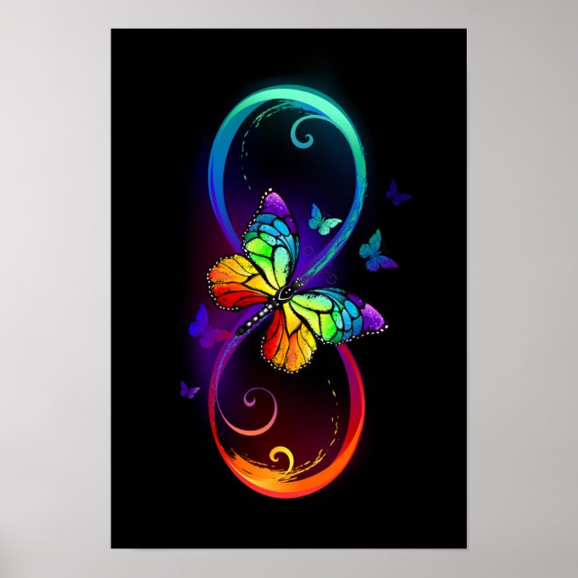 Affiche Vibrant infinity with rainbow butterfly on black (Devant)