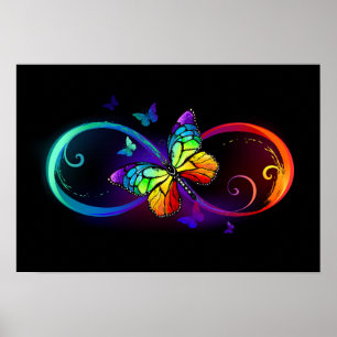 Affiche Vibrant infinity with rainbow butterfly on black