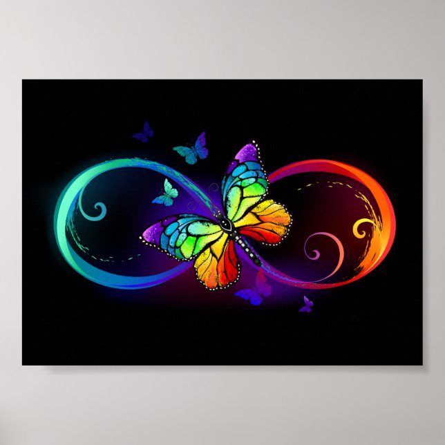 Affiche Vibrant infinity with rainbow butterfly on black (Devant)