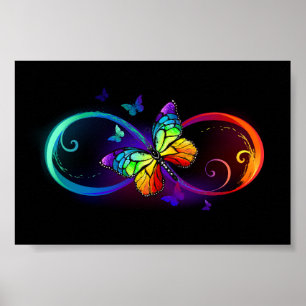 Affiche Vibrant infinity with rainbow butterfly on black