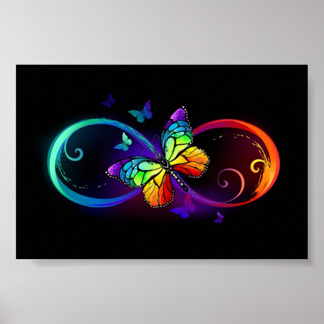 Affiche Vibrant infinity with rainbow butterfly on black (Devant)