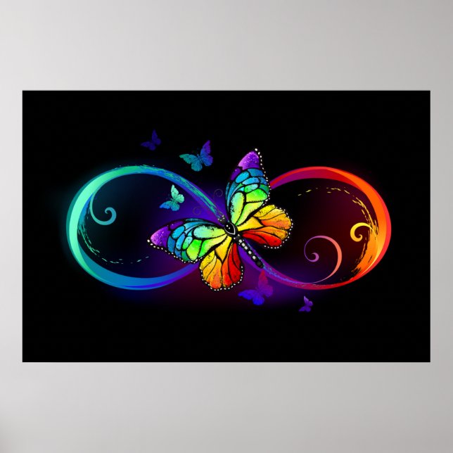 Affiche Vibrant infinity with rainbow butterfly on black (Devant)