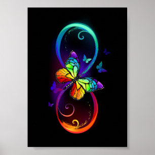 Affiche Vibrant infinity with rainbow butterfly on black