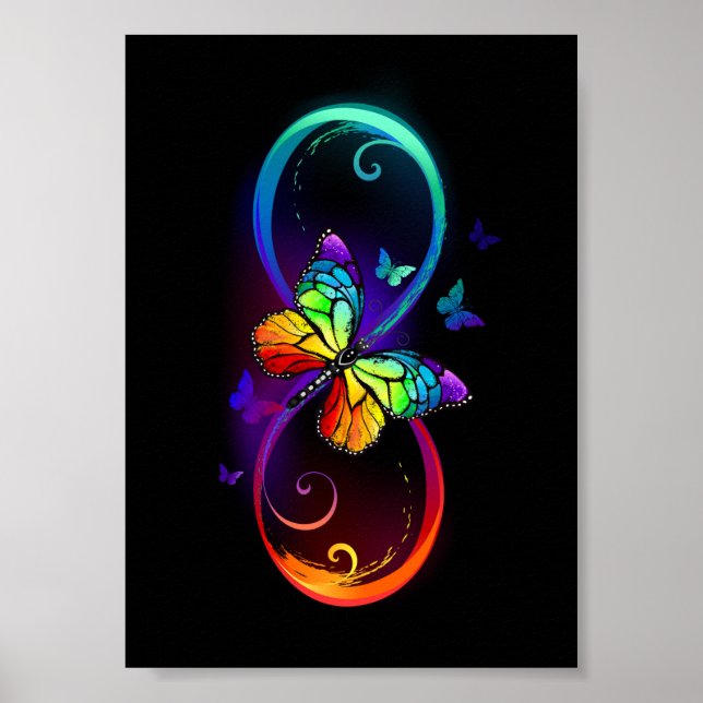 Affiche Vibrant infinity with rainbow butterfly on black (Devant)
