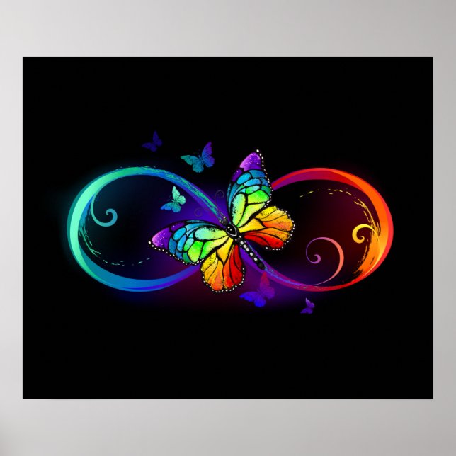 Affiche Vibrant infinity with rainbow butterfly on black (Devant)