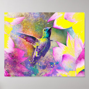 Affiche Vibrant Jaune et Violet Floral Colibri Art