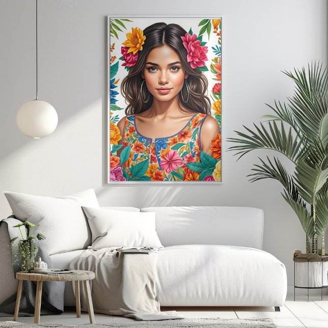 Affiche Vibrant latino américaine fille aquarelle Portrait (Vibrant Latino American Girl Watercolor Portrait Poster Mockup 1)