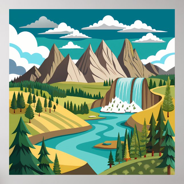 Affiche Vibrant Mountain Landscape with Waterfall and Rive (Devant)