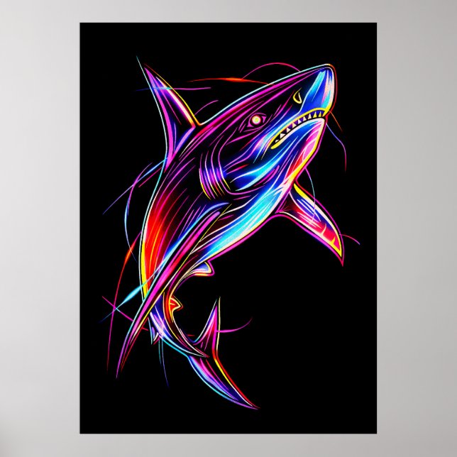 Affiche Vibrant Neon Shark Modern Digital Ocean (Devant)