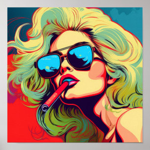 Affiche Vibrant Pop Art Blonde Femme Fumer Cartoon Poste